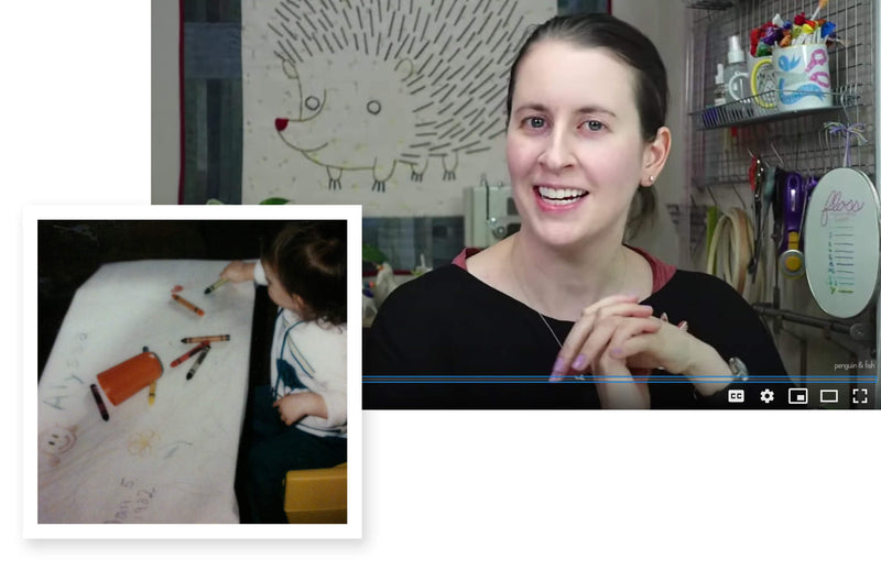 two images of Alyssa, the owner of Penguin & Fish. One larger that is a still image from a livestream video, with Alyssa talking to the camera, and a second image of a toddler Alyssa coloring on a table covered in paper