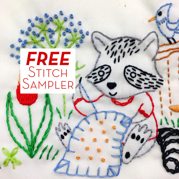 Free Embroidery Pattern - Stitching Raccoon Sampler