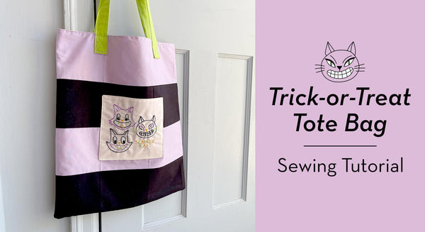 Trick-or-treat tote bag with hand embroidered pocket - video and step by step instructions