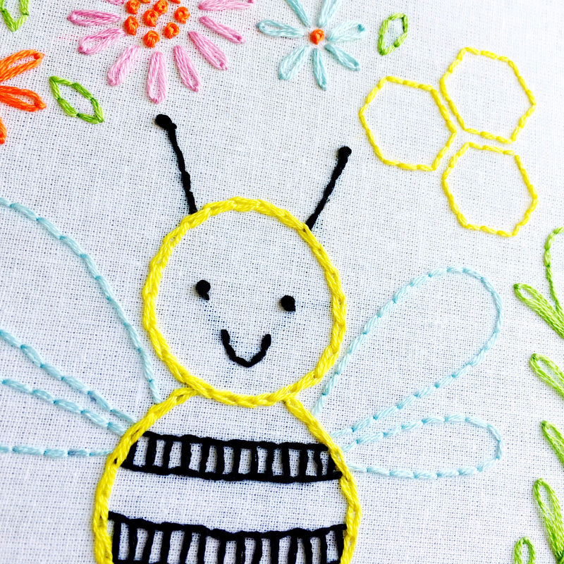 close up image of the stitches on the Bumblebee embroidery kit from Penguin & Fish