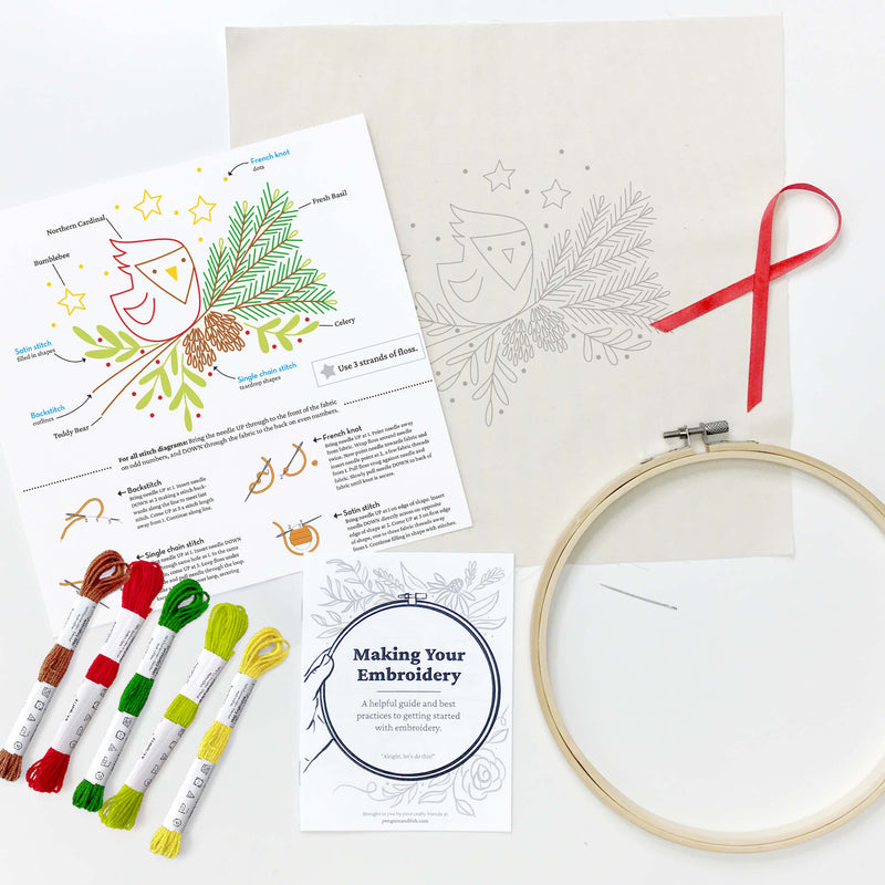 Cardinal Evergreens embroidery kit