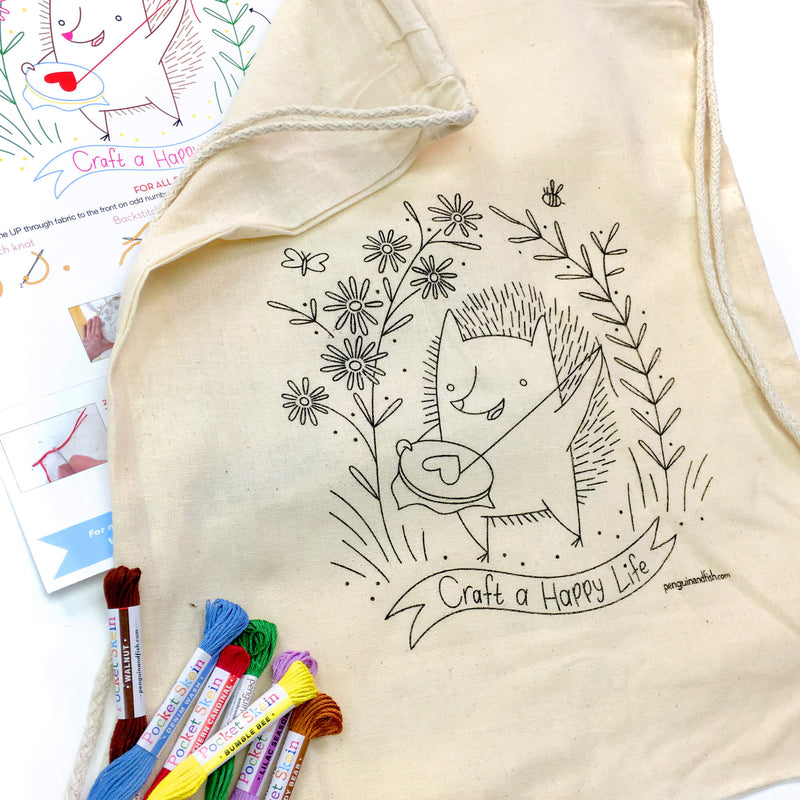 Stitch'n Hedgie drawstring bag embroidery kit